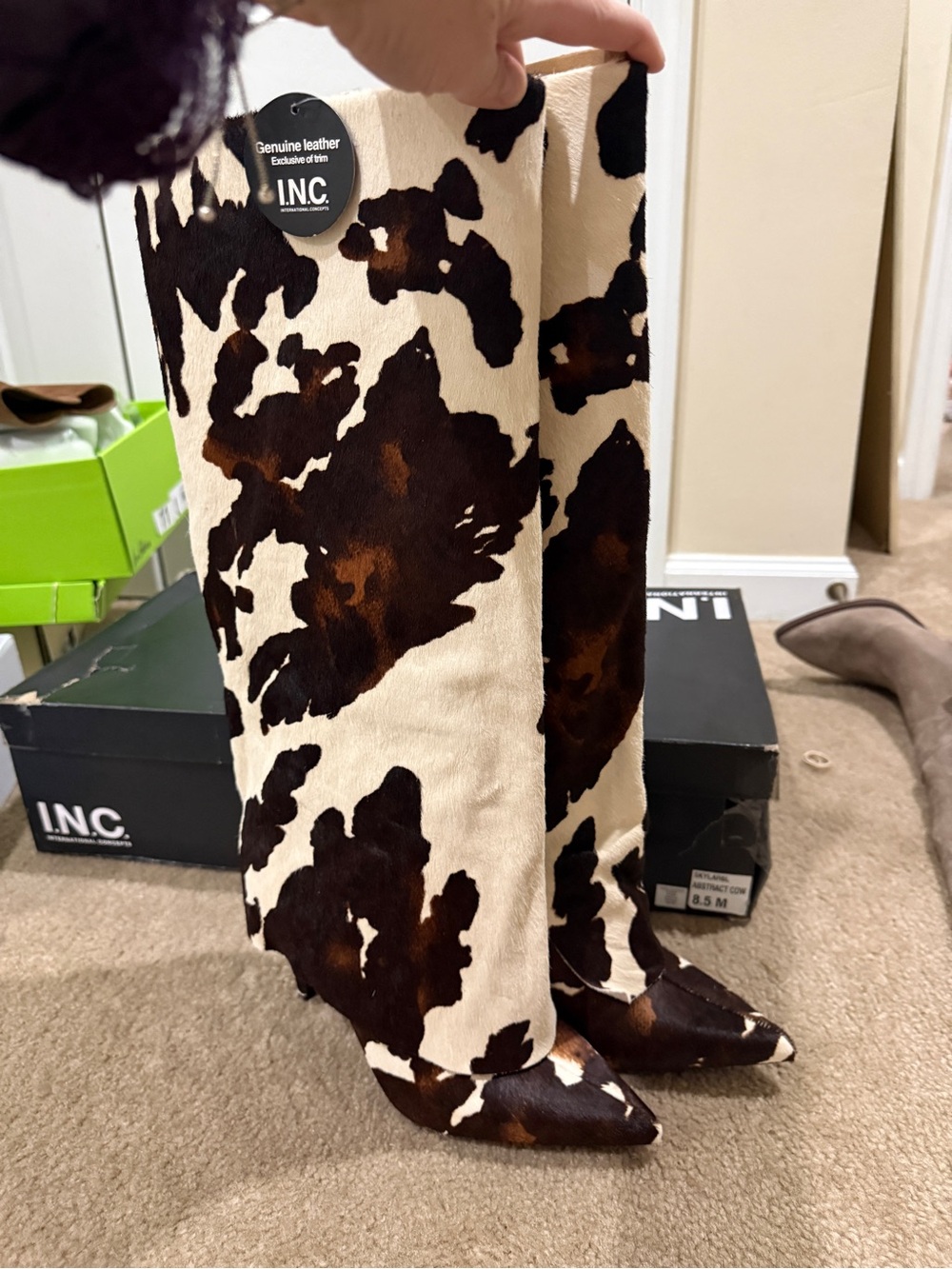 NWT INC Women's White Skylar Fold Over Cuffed Knee High Boots - Cow Print 8.5 - Picture 7 of 12
